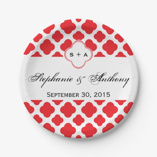 Assiettes En Carton Mariage Motif Monogram Red Quatrefoil (Devant)