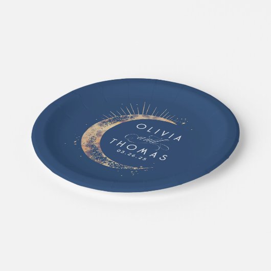 Assiettes En Carton Mariage Mystique Bleu Nuit et Or Céleste (Angle)