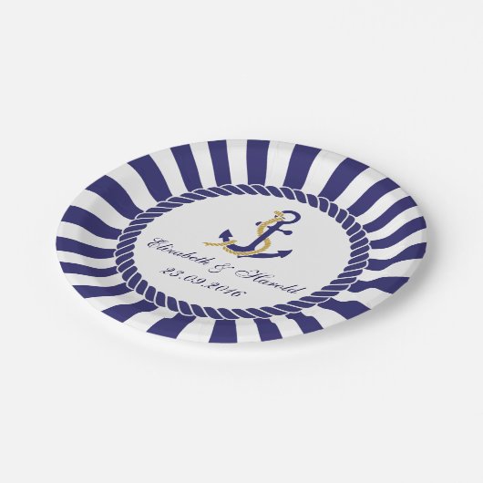 Assiettes En Carton Mariage Naútico Moderne Rayures Blanches et Bleu M (Angle)
