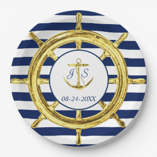Assiettes En Carton Mariage nautique de marine Blue Stripes Gold