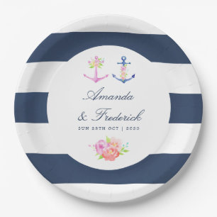 Assiettes En Carton Mariage naval floral aquarelle