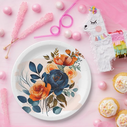 Assiettes En Carton Mariage Navy Blue and Orange Peony (Fête)