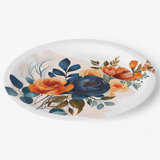 Assiettes En Carton Mariage Navy Blue and Orange Peony (Angle)