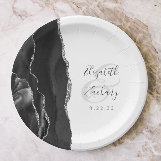 Assiettes En Carton Mariage noir argent Agate Geode Script