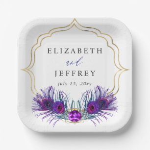 Assiettes En Carton Mariage Pailleté Or Bleu Violet Plume de Paon