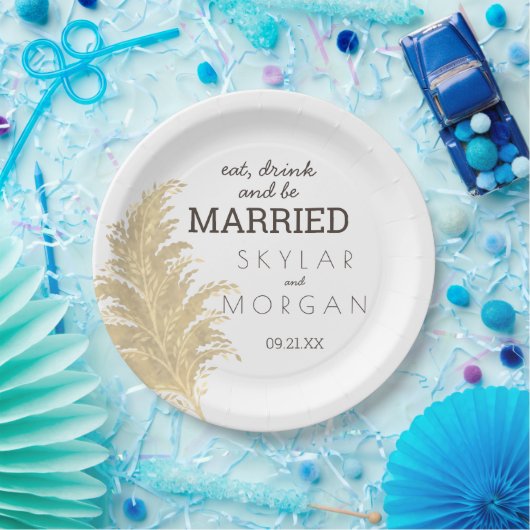 Assiettes En Carton Mariage Pampas Tan Grass Sur Blanc Boho Rustique (Fête)