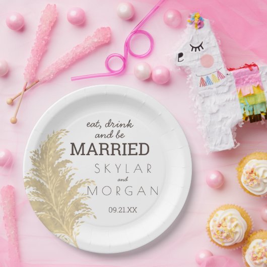 Assiettes En Carton Mariage Pampas Tan Grass Sur Blanc Boho Rustique (Fête)