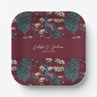 Assiettes En Carton Mariage Paon Floral Bourgogne Moderne