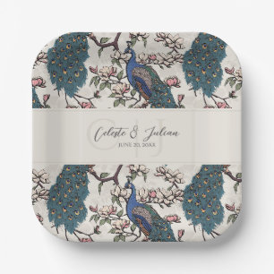 Assiettes En Carton Mariage Paon Floral Élégant en Ivoire