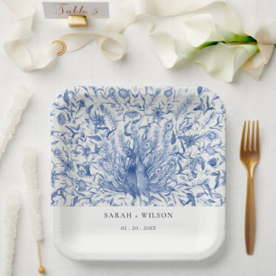 Assiettes En Carton Mariage Peacock couleur orange bleu encre