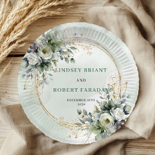 Assiettes En Carton Mariage personnalisé au eucalyptus vert bohème or