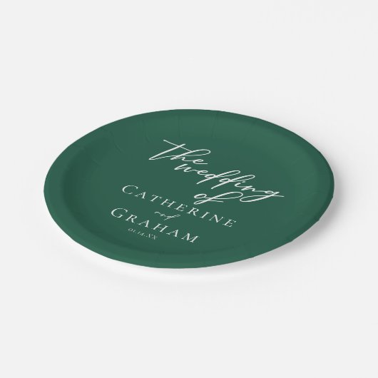 Assiettes En Carton Mariage personnalisé Emerald Green White Script (Angle)