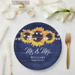 Assiettes En Carton Mariage personnalisé en bois rustique et tournesol
