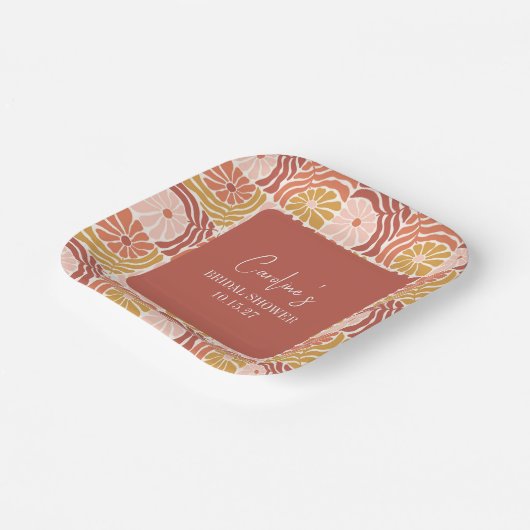Assiettes En Carton Mariage Personnalisé Groovy Rétro Rose Rouille Flo (Angulaire)