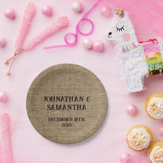 Assiettes En Carton Mariage personnalisé rustique burlap motif nature (Fête)