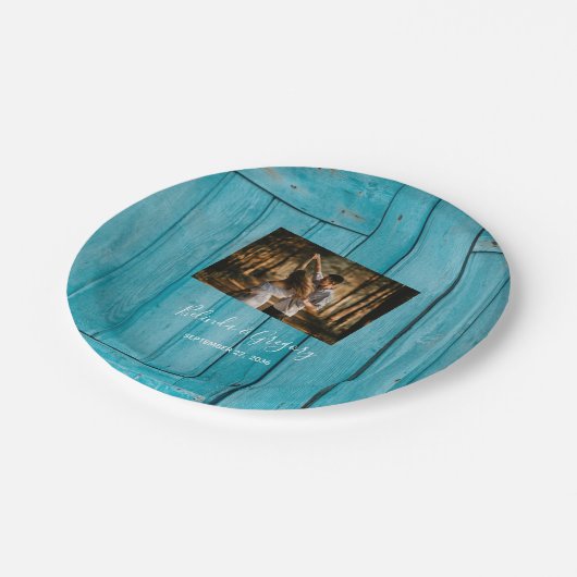 Assiettes En Carton Mariage photo en bois bleu rustique (Angle)
