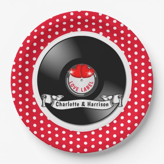 Assiettes En Carton Mariage Retro Rockabilly Hearts (Devant)