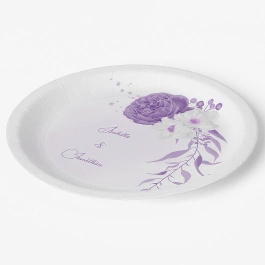 Assiettes En Carton mariage romantique blanc & violet (Angle)