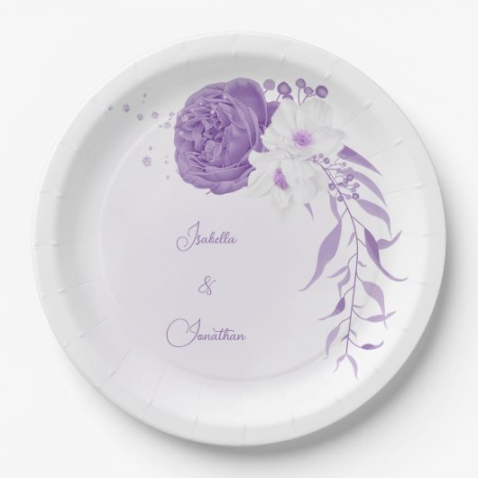 Assiettes En Carton mariage romantique blanc & violet (Devant)