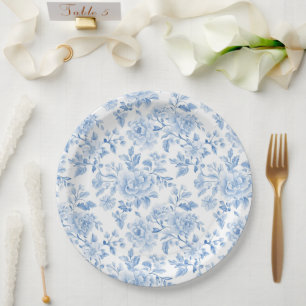 Assiettes En Carton Mariage Romantique Fleurs Bleues et Blanches