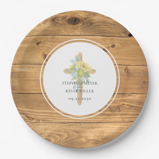 Assiettes En Carton Mariage rond Sunflower Wooden Cross (Devant)