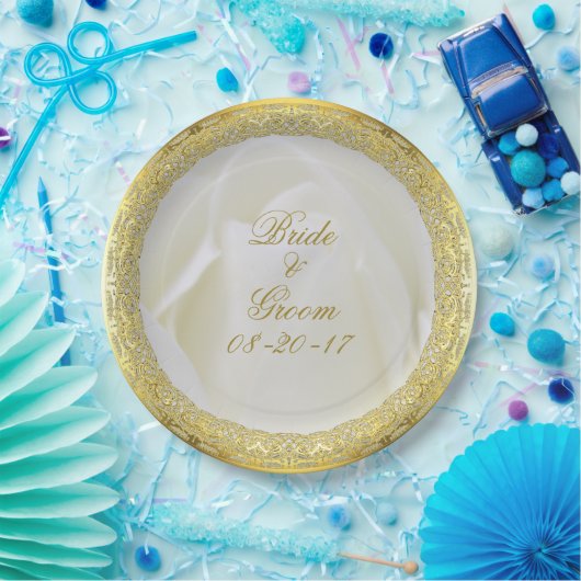 Assiettes En Carton Mariage Rose Abstrait Gold Lace (Fête)