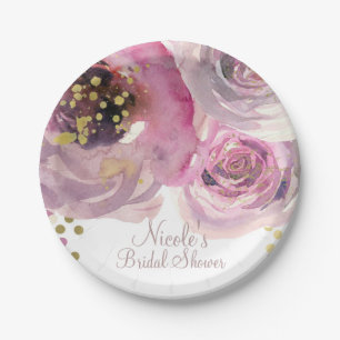Assiettes En Carton Mariage Rose et Or Moderne Fleurs Aquarelle