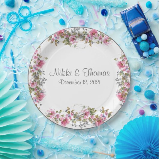 Assiettes En Carton Mariage rose Floral Nom de script Élégant Plutôt (Fête)