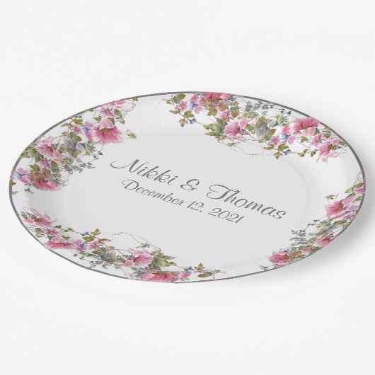 Assiettes En Carton Mariage rose Floral Nom de script Élégant Plutôt (Angle)