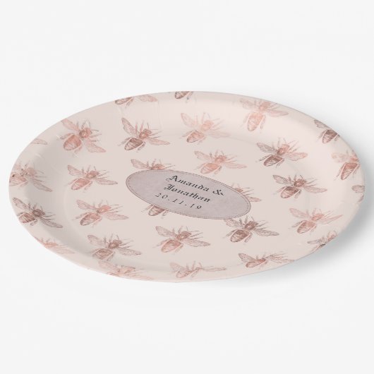 Assiettes En Carton Mariage rose Gold et Blush Bees (Angle)