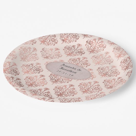 Assiettes En Carton Mariage rose Gold et Blush Damask Foil (Angle)