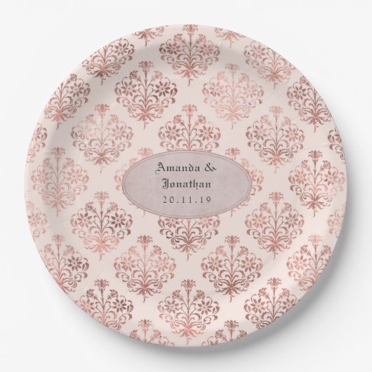 Assiettes En Carton Mariage rose Gold et Blush Damask Foil (Devant)