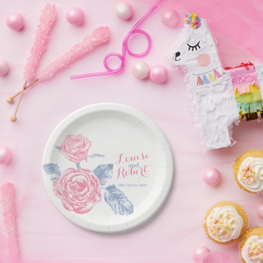 Assiettes En Carton Mariage rose rose rose encre d'art (Fête)