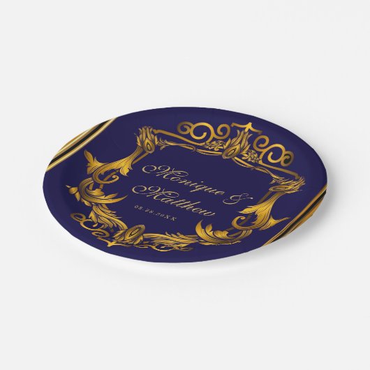 Assiettes En Carton Mariage Royal Crown Blue et Gold Flouring (Angle)