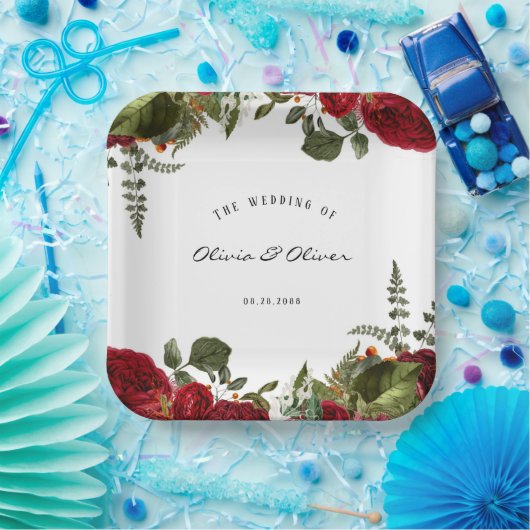 Assiettes En Carton Mariage Ruby Red Botanical Peonies (Fête)