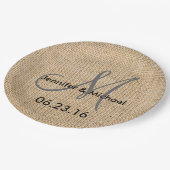 Assiettes En Carton Mariage Rustique Burlap Nom du monogramme Date (Angle)