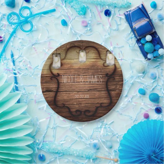 Assiettes En Carton Mariage rustique en bois et bocaux Mason Lumière (Fête)