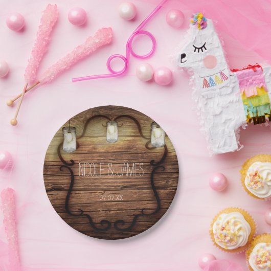 Assiettes En Carton Mariage rustique en bois et bocaux Mason Lumière (Fête)