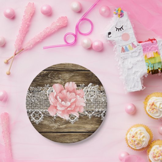 Assiettes En Carton Mariage rustique en bois et dentelle (Fête)