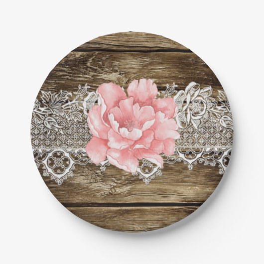 Assiettes En Carton Mariage rustique en bois et dentelle (Devant)