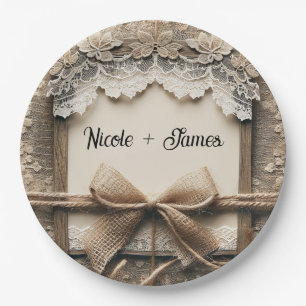 Assiettes En Carton Mariage rustique en toile de jute avec dentelle fl