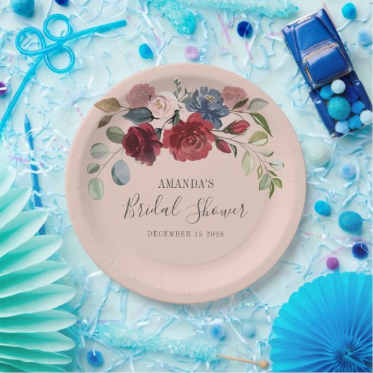 Assiettes En Carton Mariage Rustique Fleurs de Bourgogne Personnalisé (Fête)