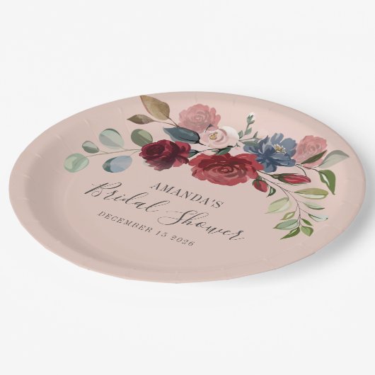 Assiettes En Carton Mariage Rustique Fleurs de Bourgogne Personnalisé (Angle)