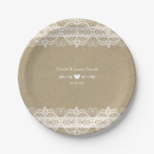 Assiettes En Carton Mariage rustique naturel en papier brun et dentell