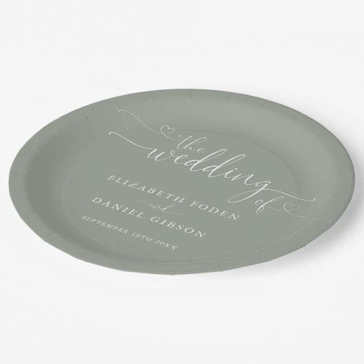 Assiettes En Carton Mariage Sage Green Heart Script (Angle)