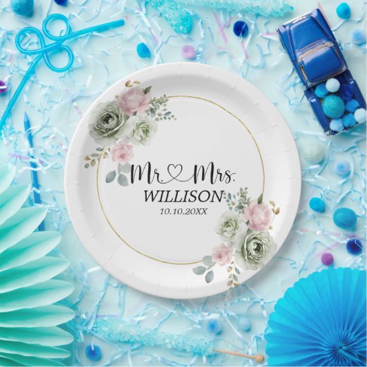 Assiettes En Carton Mariage Sage Vert & Fleurs Roses (Fête)