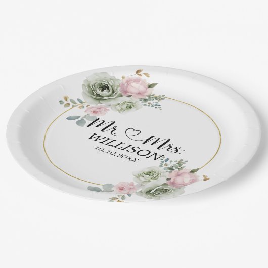Assiettes En Carton Mariage Sage Vert & Fleurs Roses (Angle)