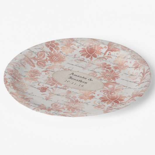 Assiettes En Carton Mariage Shabby-Chic Rose Doré (Angle)