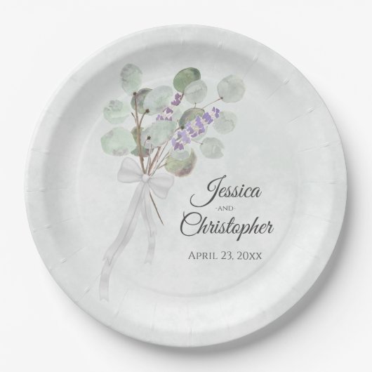 Assiettes En Carton Mariage simple Eucalyptus & Lavender Bouquet (Devant)