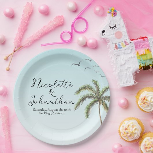 Assiettes En Carton Mariage Simple Plage Palmier et Oiseaux (Fête)